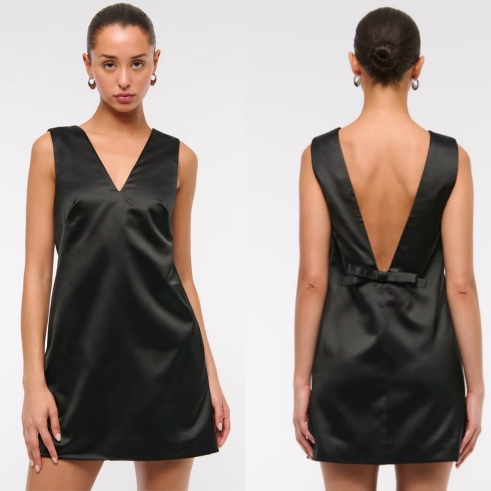 Abercrombie & Fitch Satin Plunge Bow-Back Mini Dress- Black